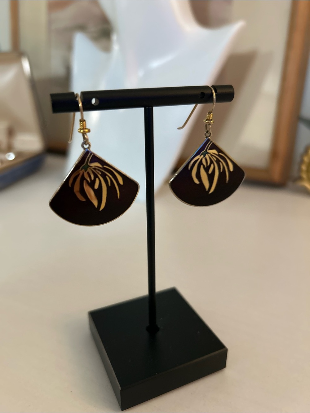 Laurel Burch Gold Accent Black Fan-Shaped Drop Earrings